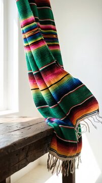 Colorful Serape Blanket Draped over Rustic Wooden Surface Near Window Bright Natural Light Festive Vibrant Textile