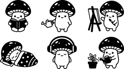 Fototapeta premium Cute black and white mushroom characters reading painting and gardening vector art