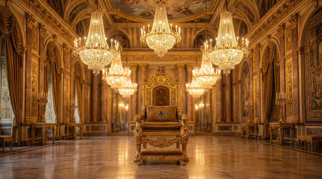 Ornate golden throne in lavish ballroom, luxurious palace interior with chandeliers, elegant hall for royal events.