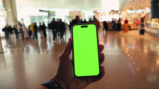 Hands of a man holding a smartphone touching the phone with a vertical green screen on the background of a walk in the airport terminal.