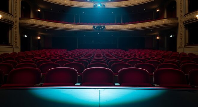 Empty theater stage with red seats and dramatic blue lighting for performances