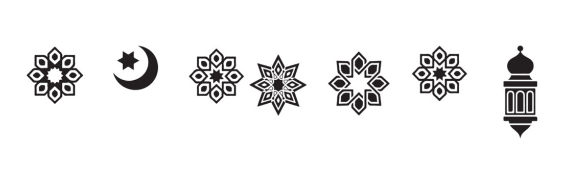 Islamic geometric star ornaments set with crescent moon and ramadan lantern silhouette icons