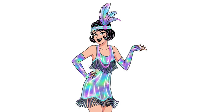The flapper girl performs a lively dance in her shiny dress and feathered headband indoors.
