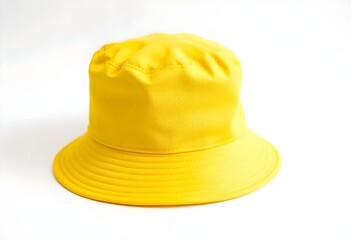 Fototapeta premium A bright yellow bucket hat sits on a plain white surface indoors.