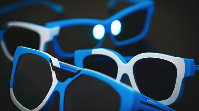Multiple Sunglasses with Blue and White Frames and Reflective Lenses in Dark Background
