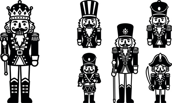 Black and white nutcracker soldier line art set with six figures in traditional costumes