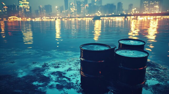Industrial waste barrels leak into a city river near a factory outlet with an urban skyline in the background during dim lighting.