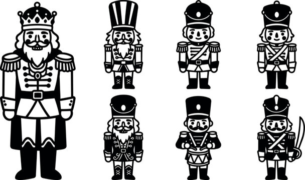 Black and white nutcracker soldier characters vector art set