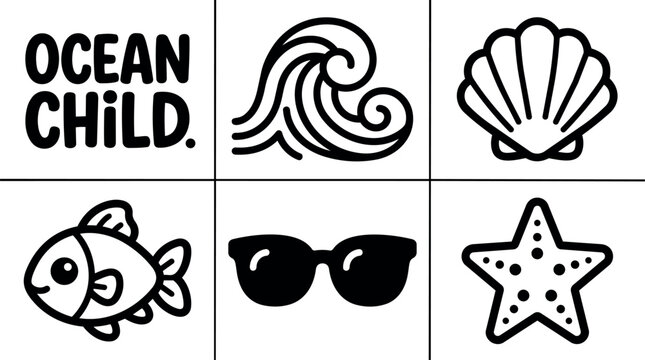 Ocean child phrase with wave shell fish sunglasses and starfish icons line art