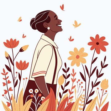 A joyful woman with a serene expression stands amidst vibrant flowers and falling petals evoking feelings of peace and happiness