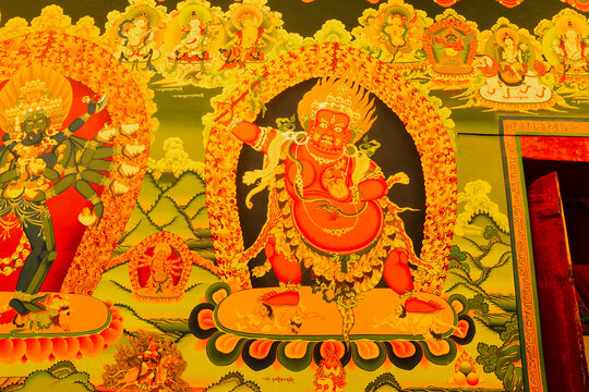Hemis,Ladakh, India - 05.09.2014 : Thangka painting, traditional Tibetan Buddhist artwork of Hayagriva, wrathful deity with red body and fierce expression at Hemis Monastery, Himalayan monastery.