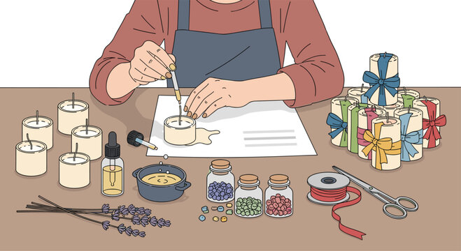 A person's hands are shown carefully dripping liquid from a dropper into a small candle, surrounded by crafting supplies like beads, lavender, and ribbons on a light brown table.