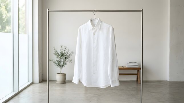 A minimalist white button-down shirt hangs on a clothing rack in a brightly lit room with a potted plant