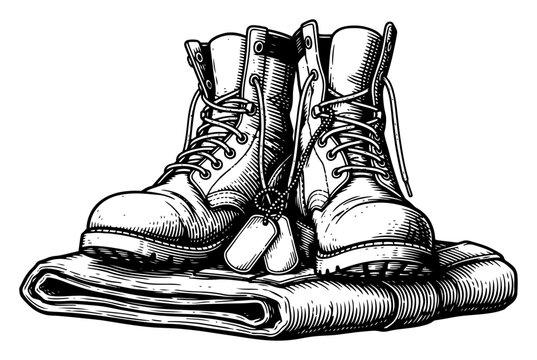 Pair of military combat boots with metal dog tags resting on a folded uniform in vintage woodcut style