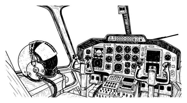 Detailed hand drawn illustration of a helicopter cockpit interior with flight helmet
