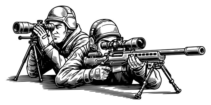 Military sniper team with spotter and long range rifle in detailed hand drawn engraving style