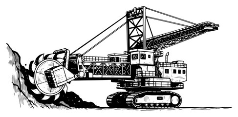Large industrial bucket wheel excavator mining machine in woodcut illustration style © AnjaliDesai