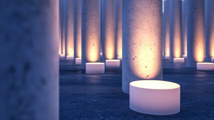 Minimalist art installation with concrete columns and soft ambient lighting in a public space, evoking human rights themes