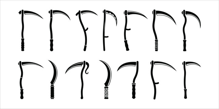 Set of grim reaper scythe and sickle silhouette icons for halloween or horror design projects