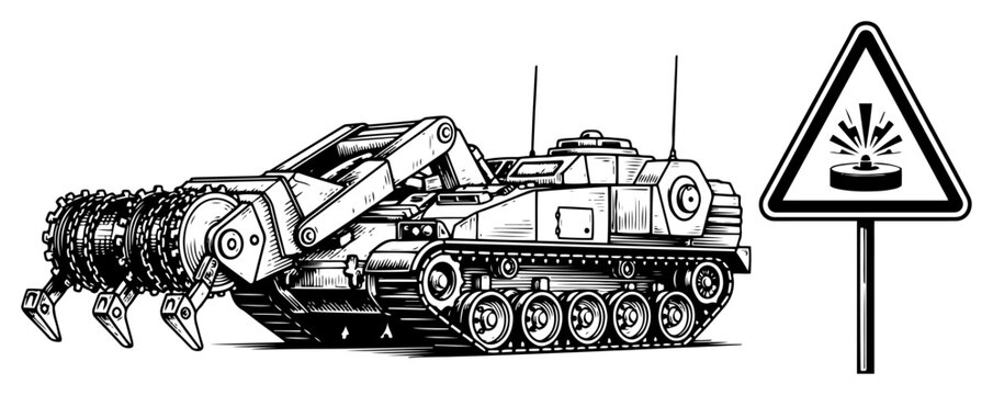Heavy military mine clearing vehicle with rotary flail and warning sign