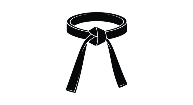 A striking black belt is displayed against a white background showcasing a traditional martial arts symbol silhouette