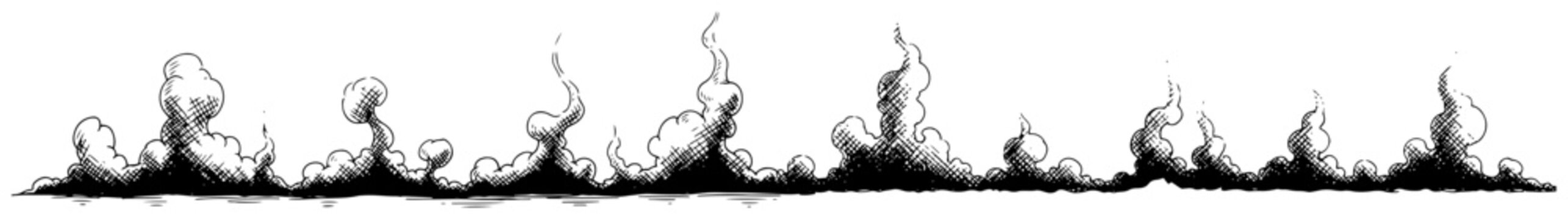 Long horizontal border of decorative smoke or steam clouds in vintage engraving style
