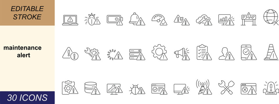Minimal line style maintenance alert icons set featuring warning, system error, repair, and technical support symbols. Clean editable stroke vector icons perfect for UI, apps, dashboards, and web desi