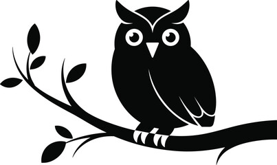 Black owl silhouette sitting on a tree branch with leaves isolated on white background for nature wildlife wisdom and educational graphic design projects. © Lalchan