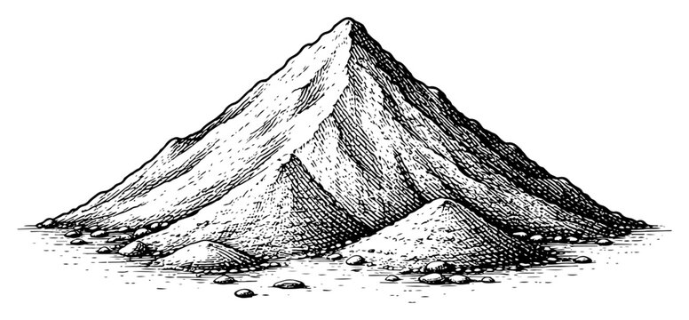 Large pile of construction sand or gravel material in detailed hand drawn engraving style