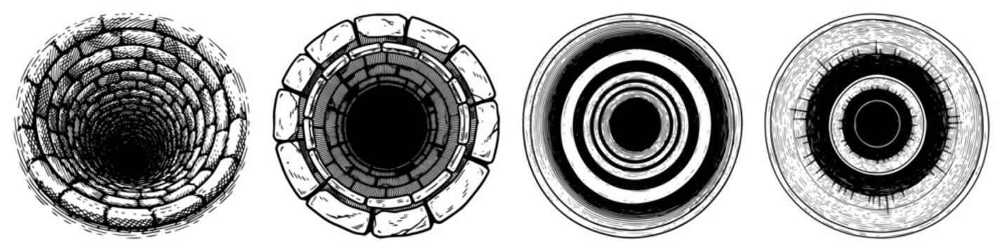 Collection of stone well and tunnel openings in vintage engraving style
