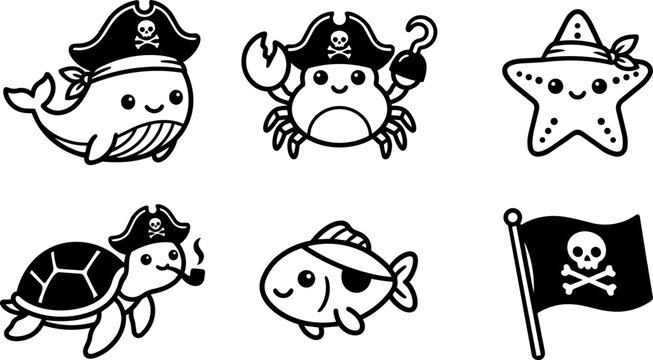 Cute black and white pirate animals whale crab turtle fish starfish with pirate flag vector art