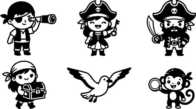 Black and white pirate crew with chest bird and monkey vector art