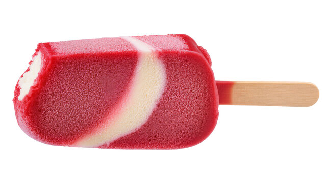 Isolated delicious red and white swirl fruit ice pop with a bite taken out on a wooden stick