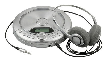 Portable CD player with headphones on black background © BTG