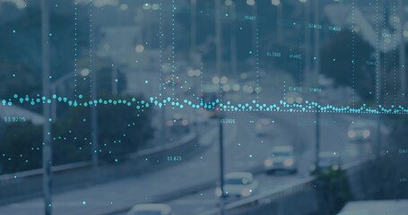 Displaying teal horizontal dotted waveform overlay across urban highway at dusk, showing numbers