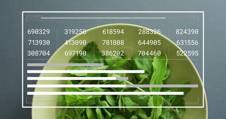 Showing pale green bowl holding arugula on dark table with white overlay, six-digit labels and bars © vectorfusionart