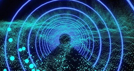 Standing silhouette in cloak advancing into digital tunnel, with neon rings and particle floor © vectorfusionart