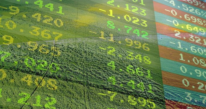 Displaying aerial fields, overlaying financial numbers and ticker bars across crop rows and tracks