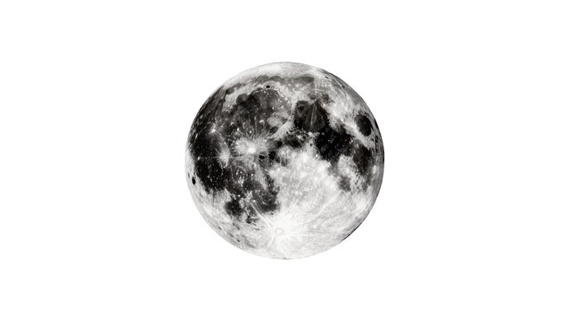 Isolated full moon, highly detailed monochrome celestial body, perfect sphere in outer space