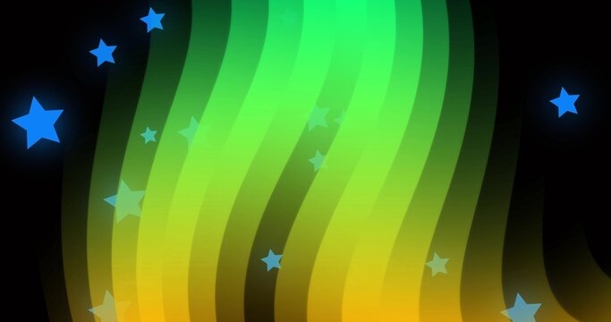 Showing centered luminous ribbons curving down on digital wallpaper, with blue and cyan stars