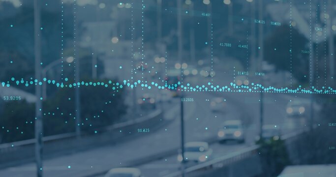 Displaying teal horizontal dotted waveform overlay across urban highway at dusk, showing numbers
