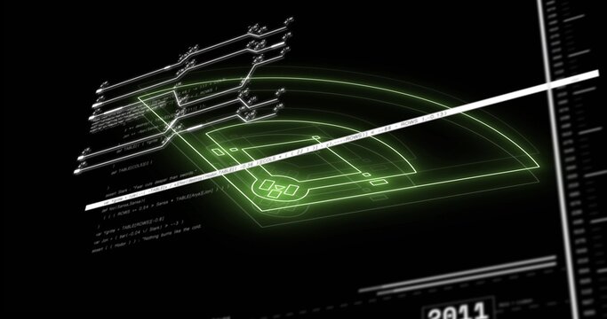 Displaying neon baseball-schematic in angled HUD, showing white UI bar, code blocks, ruler 2011
