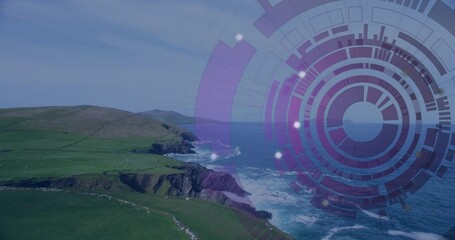 Showing cliffs and pastures meeting shoreline, breaking waves at cliff with purple HUD, copy space © vectorfusionart