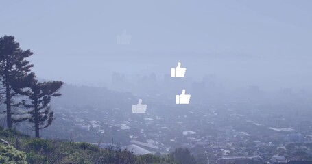 Floating white thumbs-up icons hovering over foggy neighborhood from hill, showing pine tree © vectorfusionart