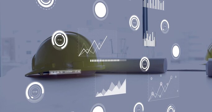 Showing yellow hard hat resting on planning workspace table with rolled plans and HUD graphics