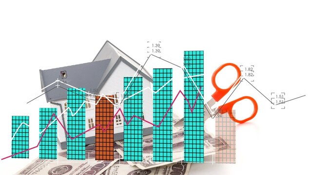 Displaying teal bars in studio showing model house, magenta line, orange scissors cutting dollars