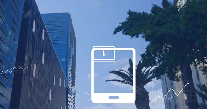 Displaying white phone overlay centering in city street, flanked by grid tower highrise palm graphs