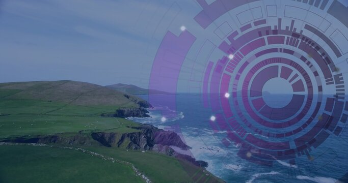 Showing cliffs and pastures meeting shoreline, breaking waves at cliff with purple HUD, copy space
