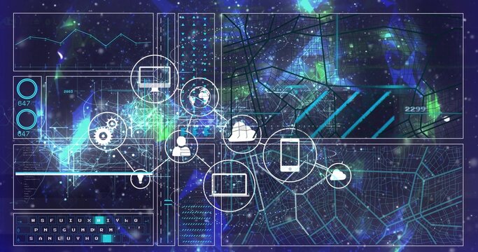 Showing neon dashboard mapping live network data in command hub, with device icons, map grid