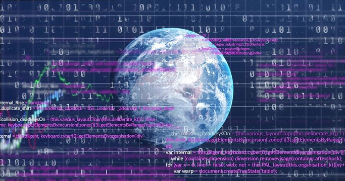 Displaying Earth globe rotating in cyber grid, with binary digits, code, magenta bands, green chart